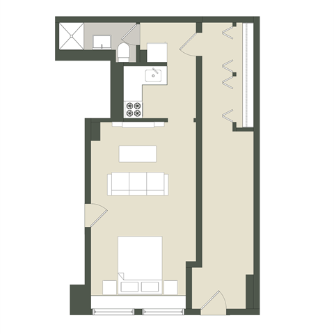 Floor plan for 1 bed, 1 bath, 496 sqft